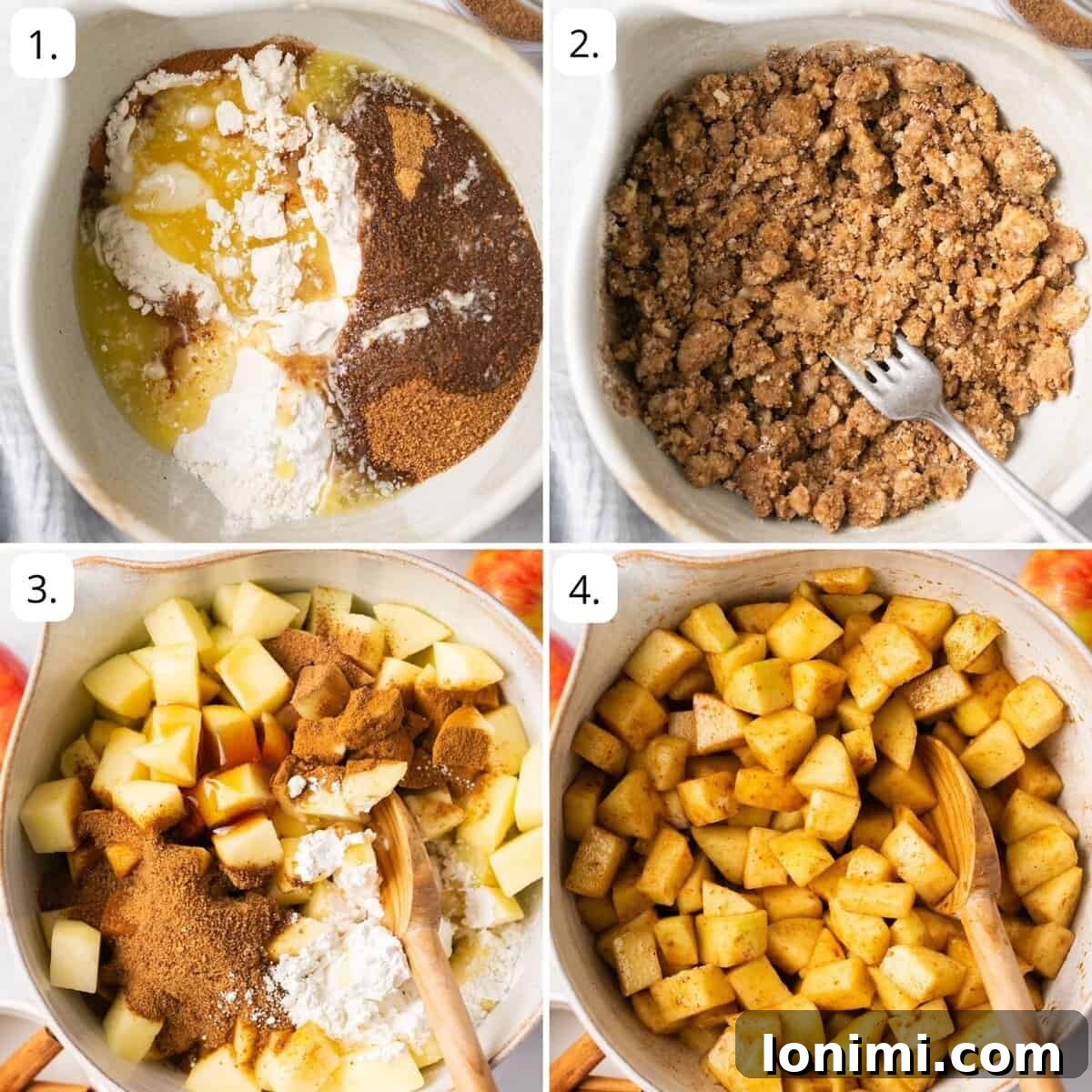 four quadrants of photos showing step by step instructions to make this healthy apple crumble recipe