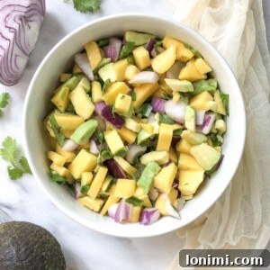 Delicious Whole30 Vegan Mango Avocado Salsa 4 Close up of Mango Avocado Salsa