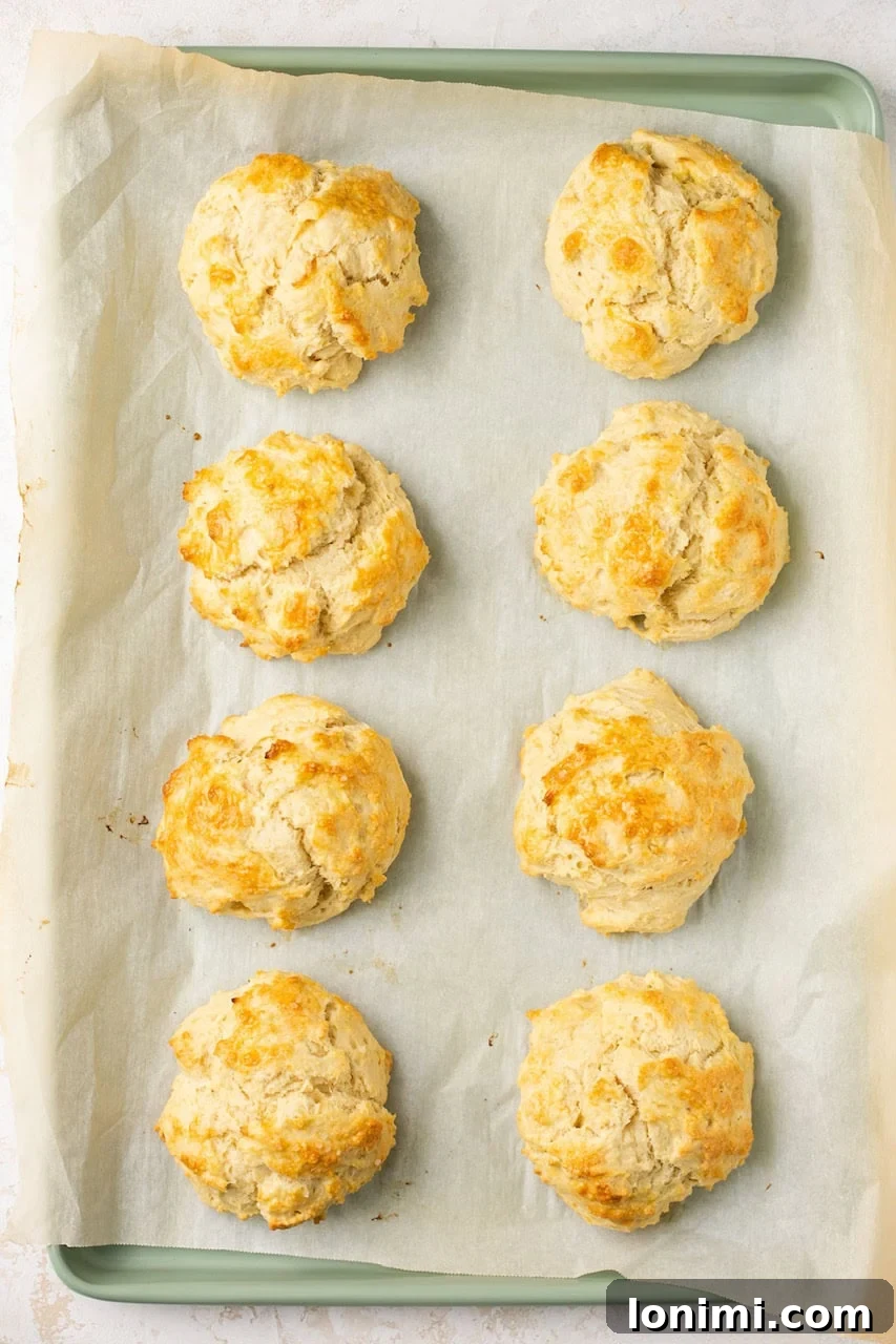 eight perfectly baked gluten-free biscuits on a baking sheet lined with parchment paper
