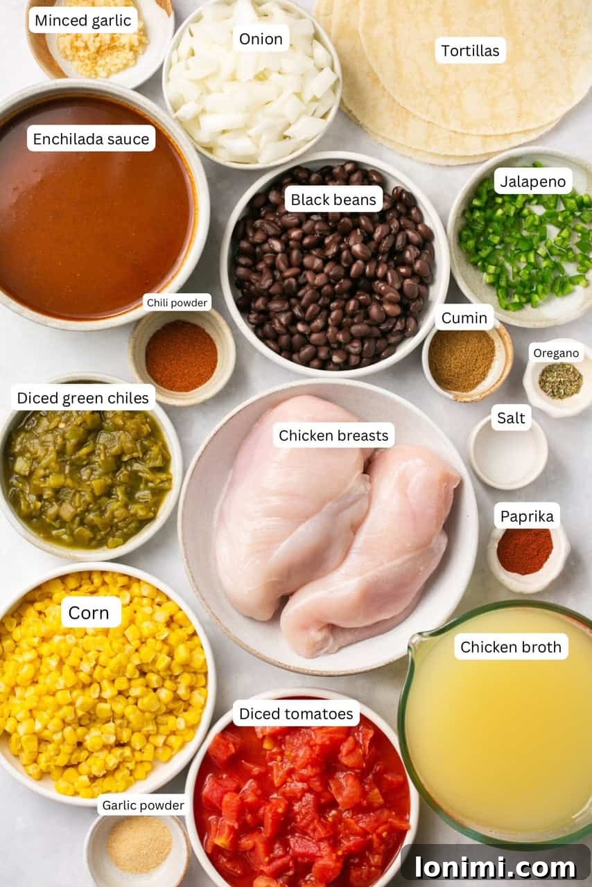 Chick-fil-A Inspired Tortilla Soup 3 Recipe ingredients in nesting bowls and labeled