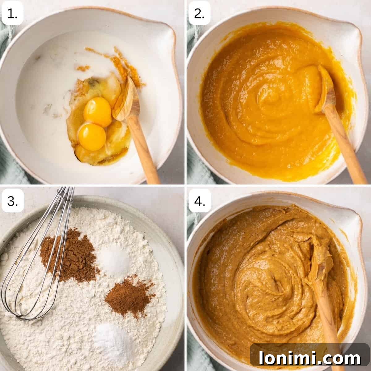 Simple Pumpkin Muffins with Velvety Dairy-Free Cream Cheese Frosting 4 Step-by-step recipe photos illustrating the process of mixing ingredients and preparing the muffin batter.
