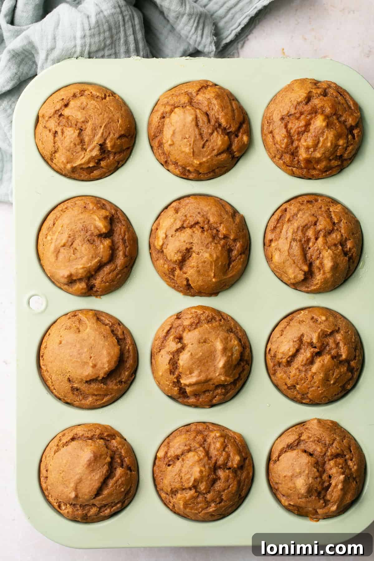 Simple Pumpkin Muffins with Velvety Dairy-Free Cream Cheese Frosting 5 An overhead shot of golden-brown gluten-free pumpkin muffins cooling in a muffin tray, showcasing their perfect bake.