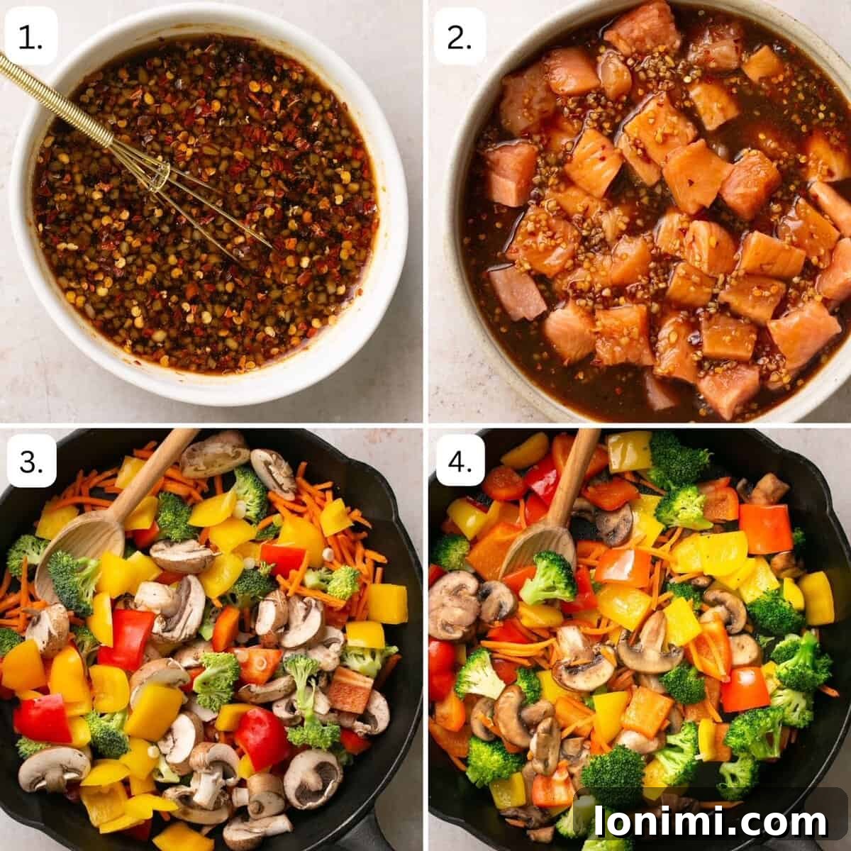 Effortless 30-Minute Gluten-Free Teriyaki Salmon Stir-Fry 4 Four quadrants showing step-by-step how to prepare salmon stir fry.