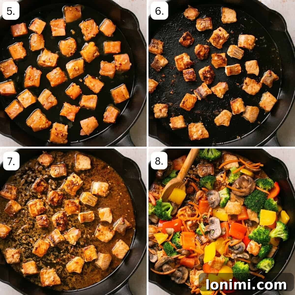 Effortless 30-Minute Gluten-Free Teriyaki Salmon Stir-Fry 5 Four quadrants illustrating the final steps of making the salmon stir fry recipe.