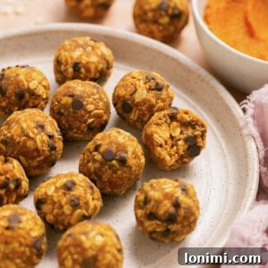 pumpkin oatmeal energy bites with chocolate chips on a white plate