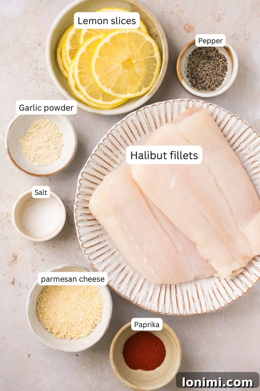 Recipe ingredients in nesting bowls and labeled, including halibut, lemon, parmesan, and spices.
