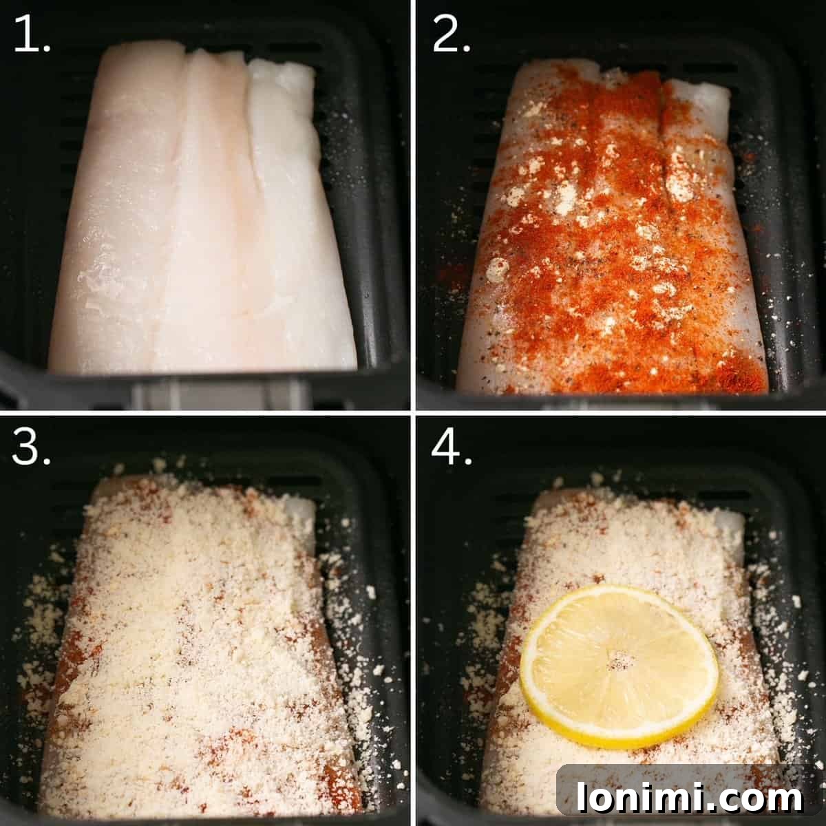 Step-by-step photos showing the process of seasoning and preparing halibut fillets for the air fryer.