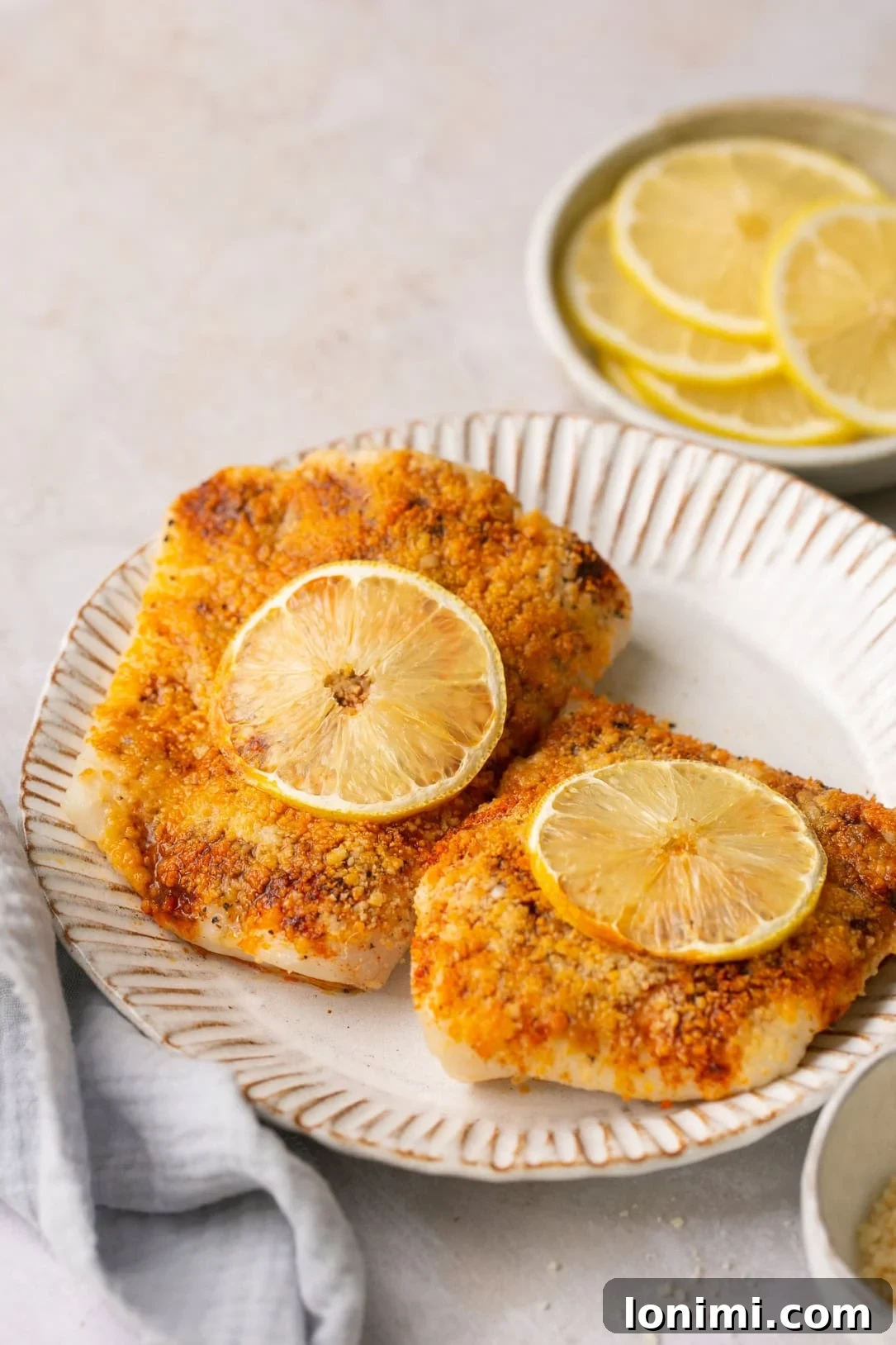 Two halibut fillets on a white plate topped with lemon slices, ready to be enjoyed.