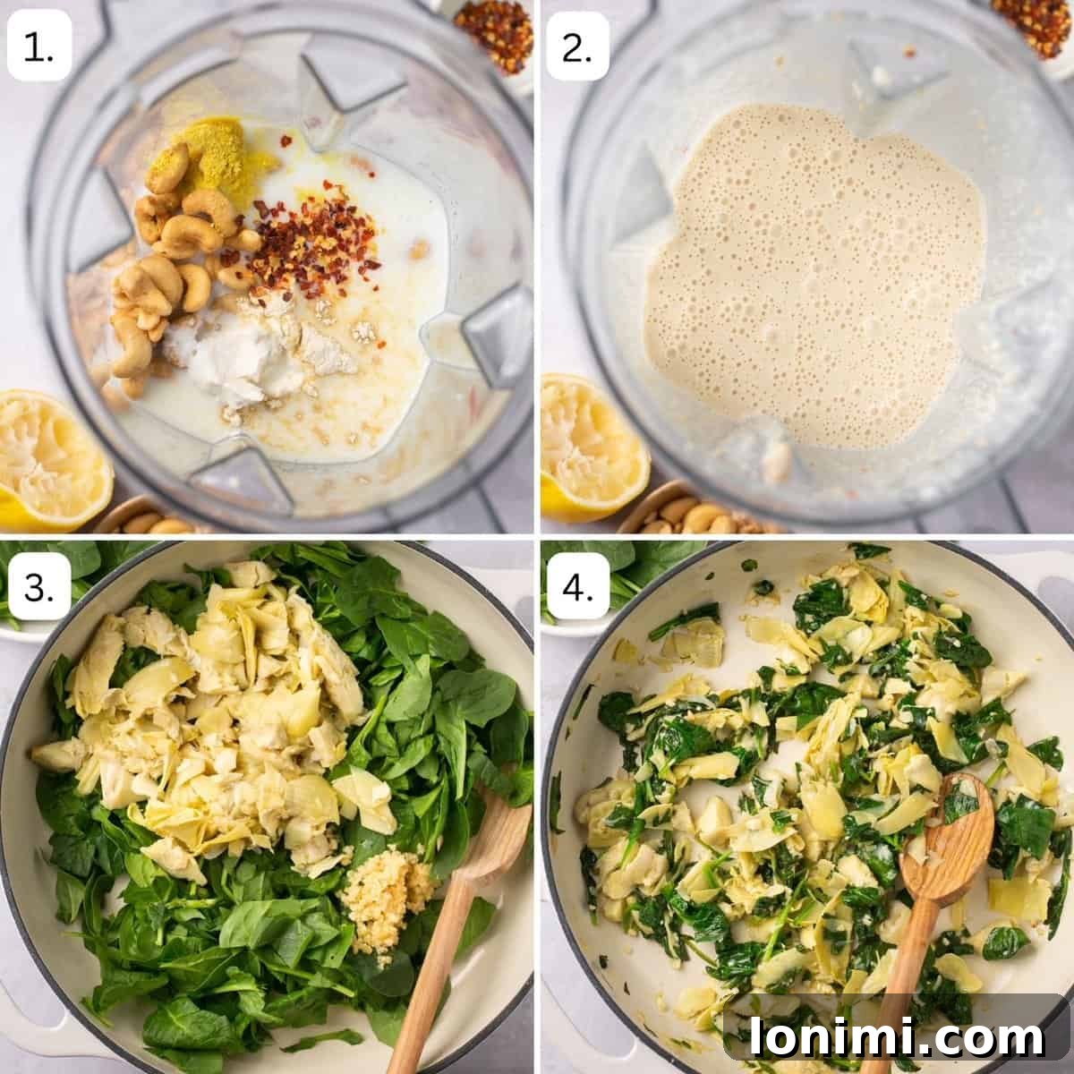 Spinach Artichoke Chicken Casserole Vegan Adaptable 4 Numbered step-by-step photos illustrating the cooking process for the spinach artichoke pasta bake.