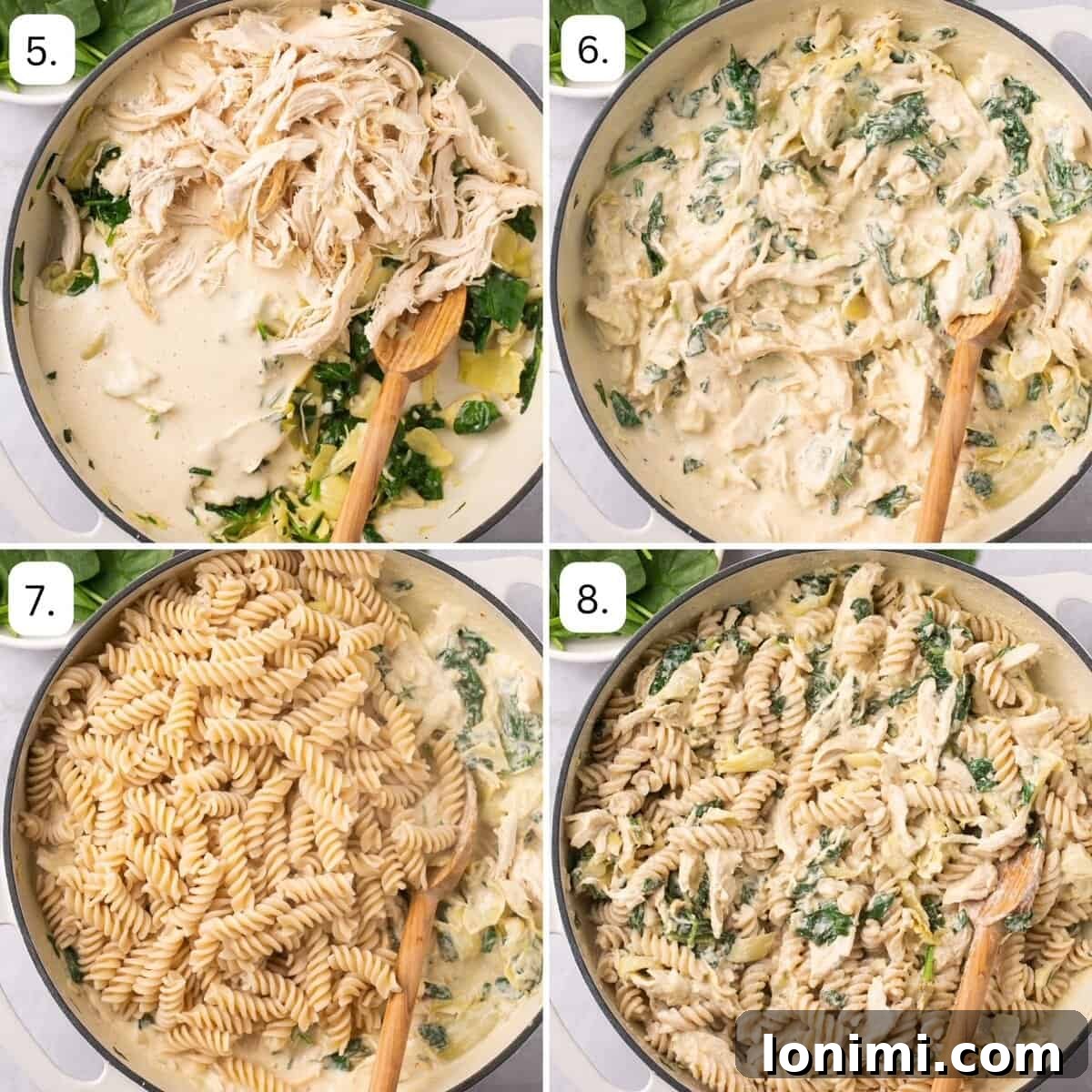 Spinach Artichoke Chicken Casserole Vegan Adaptable 5 More numbered step-by-step photos, showing the casserole coming together before baking.