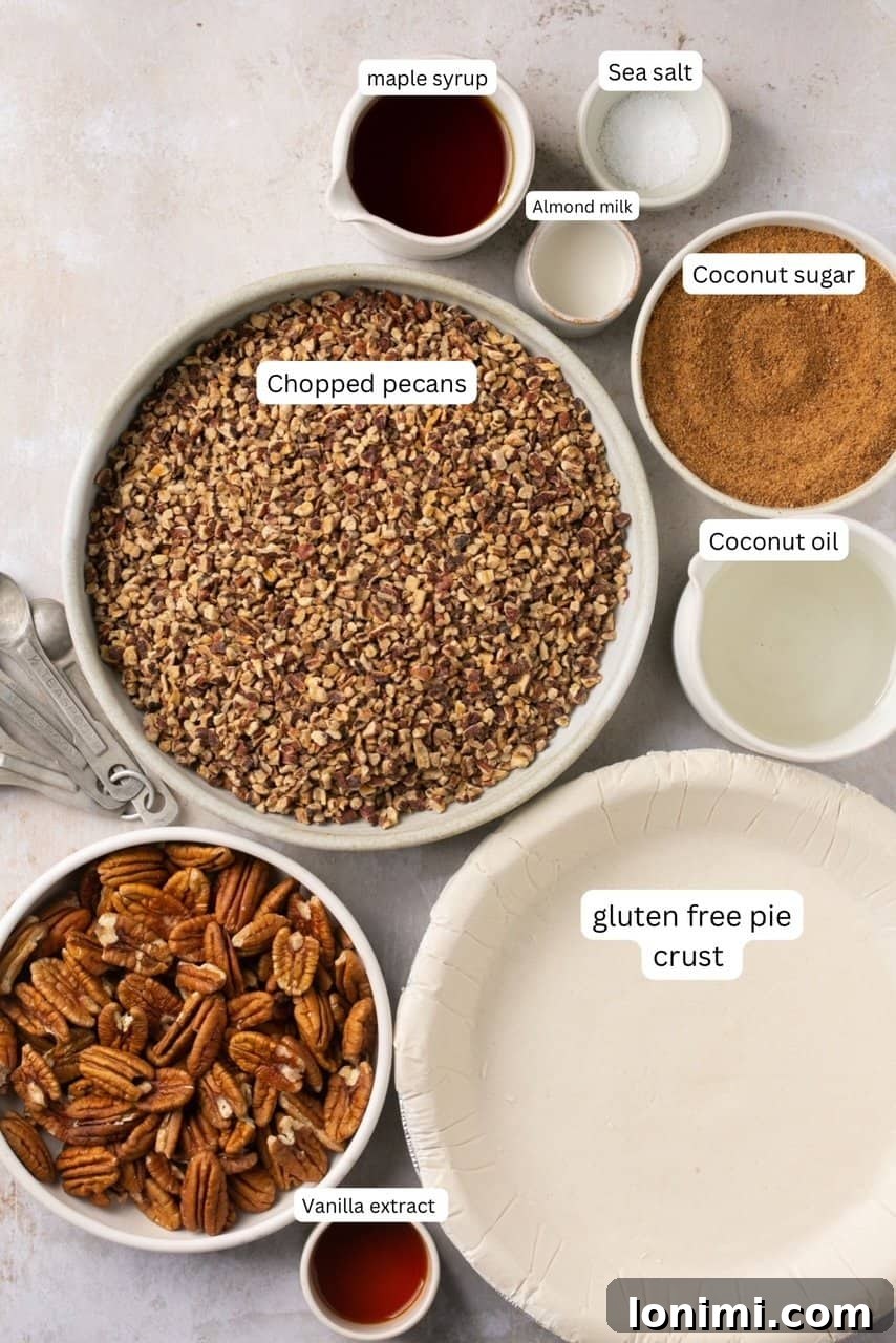 A curated display of all the essential ingredients for making the pecan pie, neatly arranged in nesting bowls and clearly labeled for easy identification.