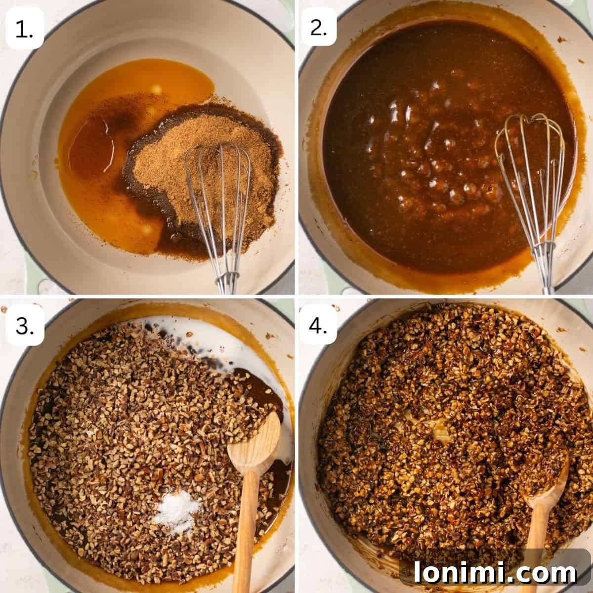A series of step-by-step photographs illustrating each stage of the pecan pie recipe, from preparing the filling to pouring it into the crust.
