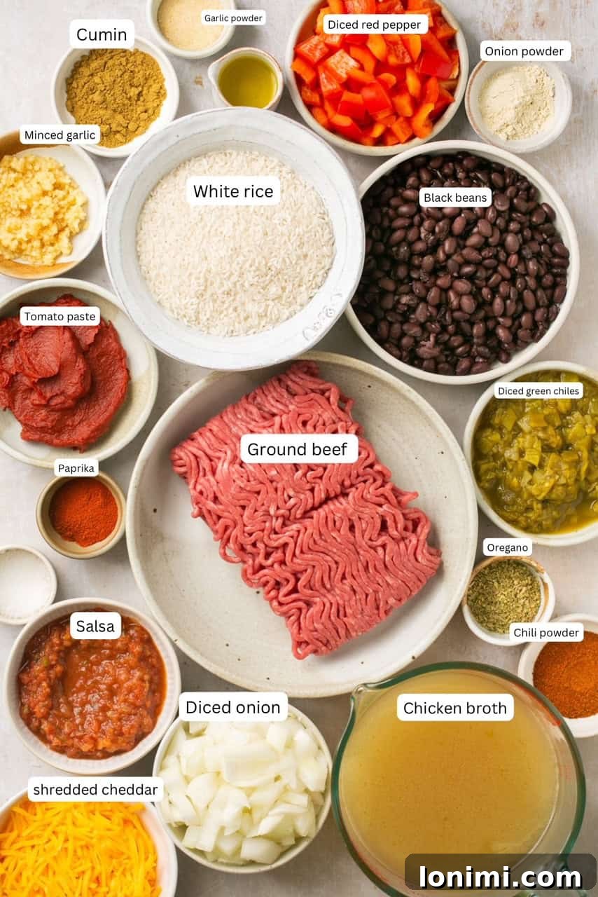 Recipe ingredients for beef taco in a bowl laid out in nesting bowls, including lean ground beef, long grain white rice, black beans, diced green chiles, salsa, and various spices.