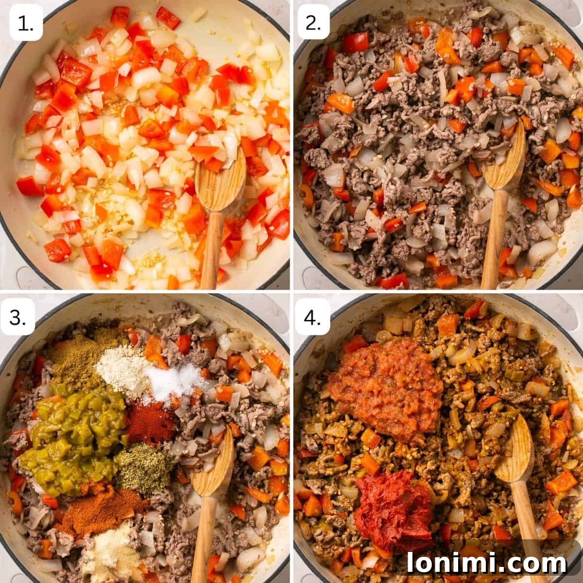 Four-quadrant image showing initial recipe steps: heating olive oil in a skillet, sautéing diced onions, bell peppers, and minced garlic, and then browning ground beef until no pink remains.