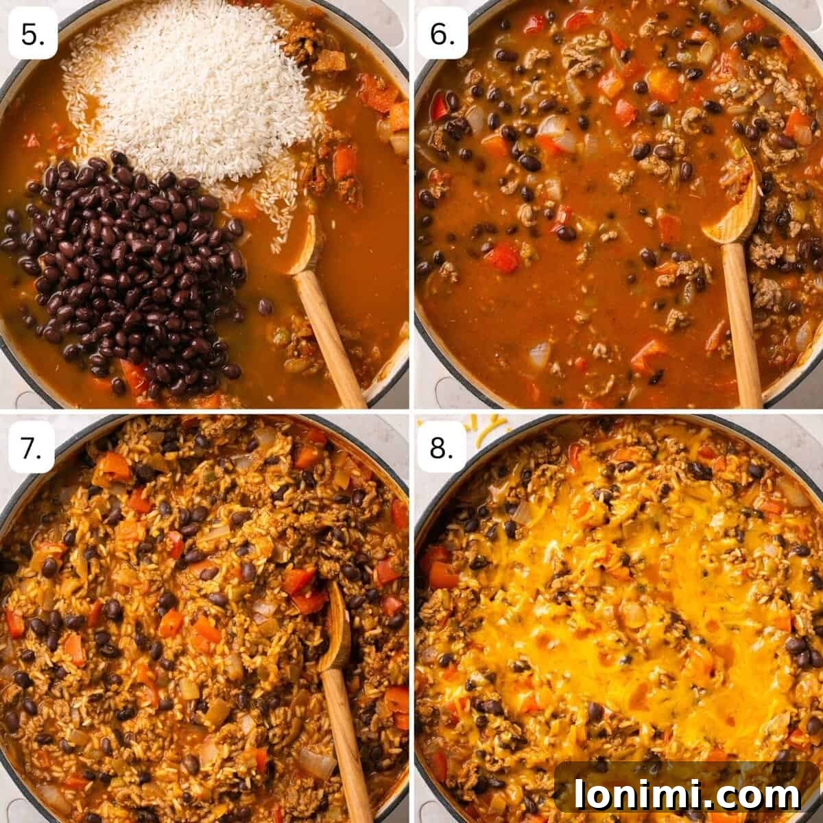 Another four-quadrant image illustrating further cooking stages: adding homemade taco seasoning and green chiles to the beef, then stirring in tomato paste, salsa, chicken broth, black beans, and white rice, followed by simmering.