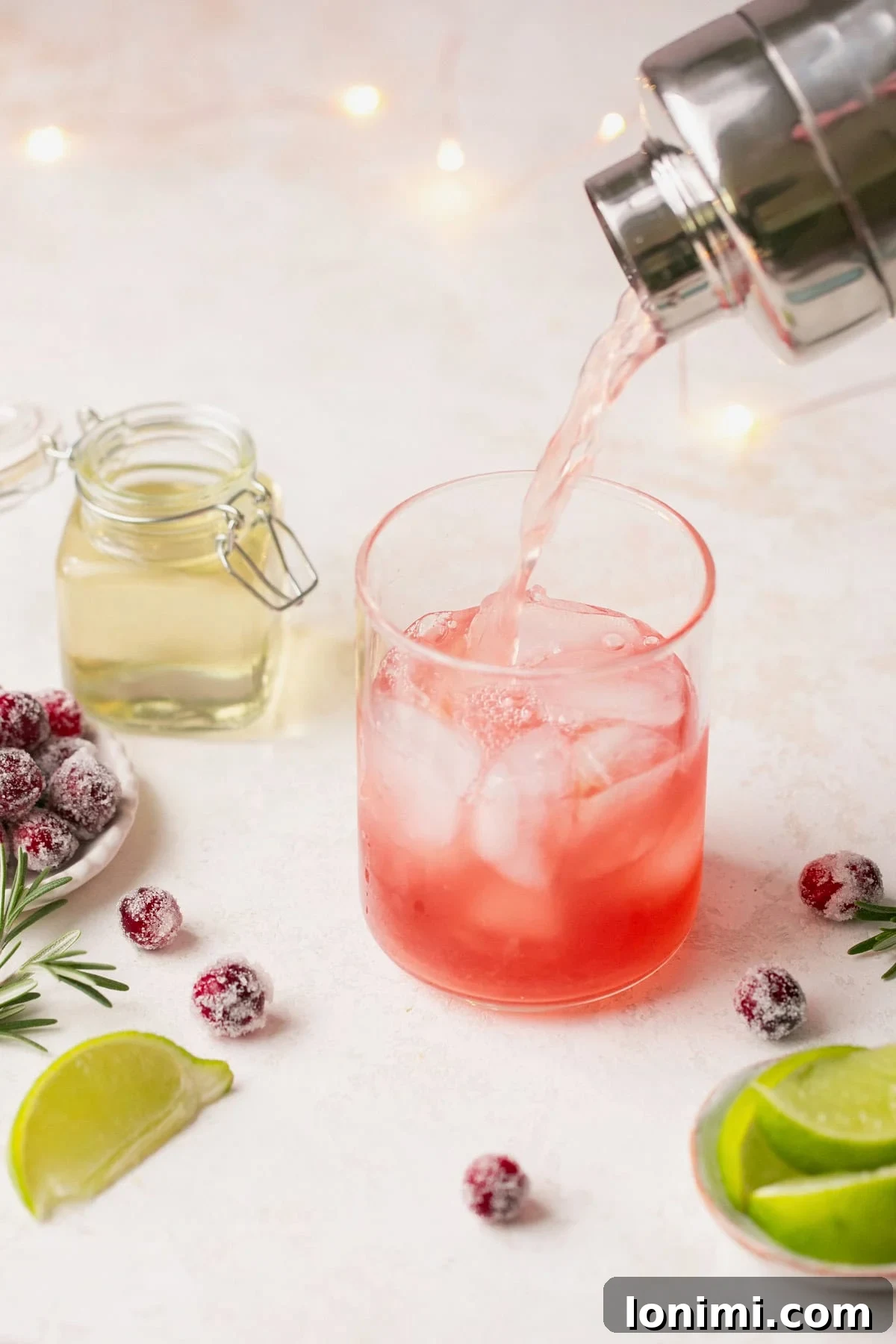 A cocktail shaker pouring a mistletoe martini into a glass filled with ice