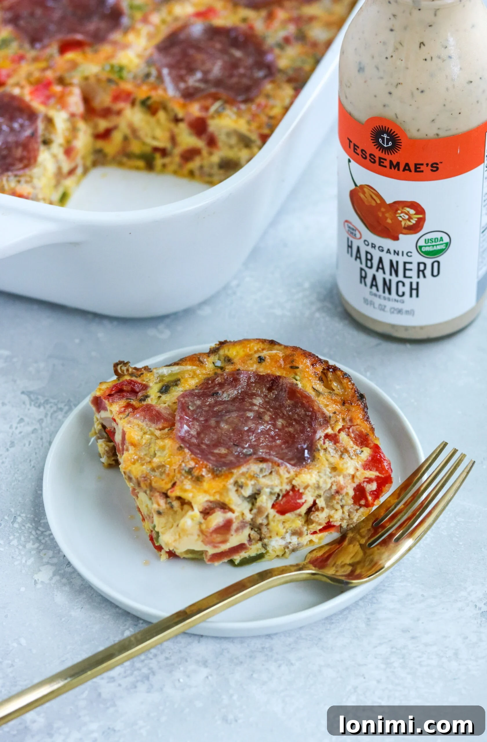 Morning Pizza Bake 4 Paleo Pizza Breakfast Casserole in a baking dish