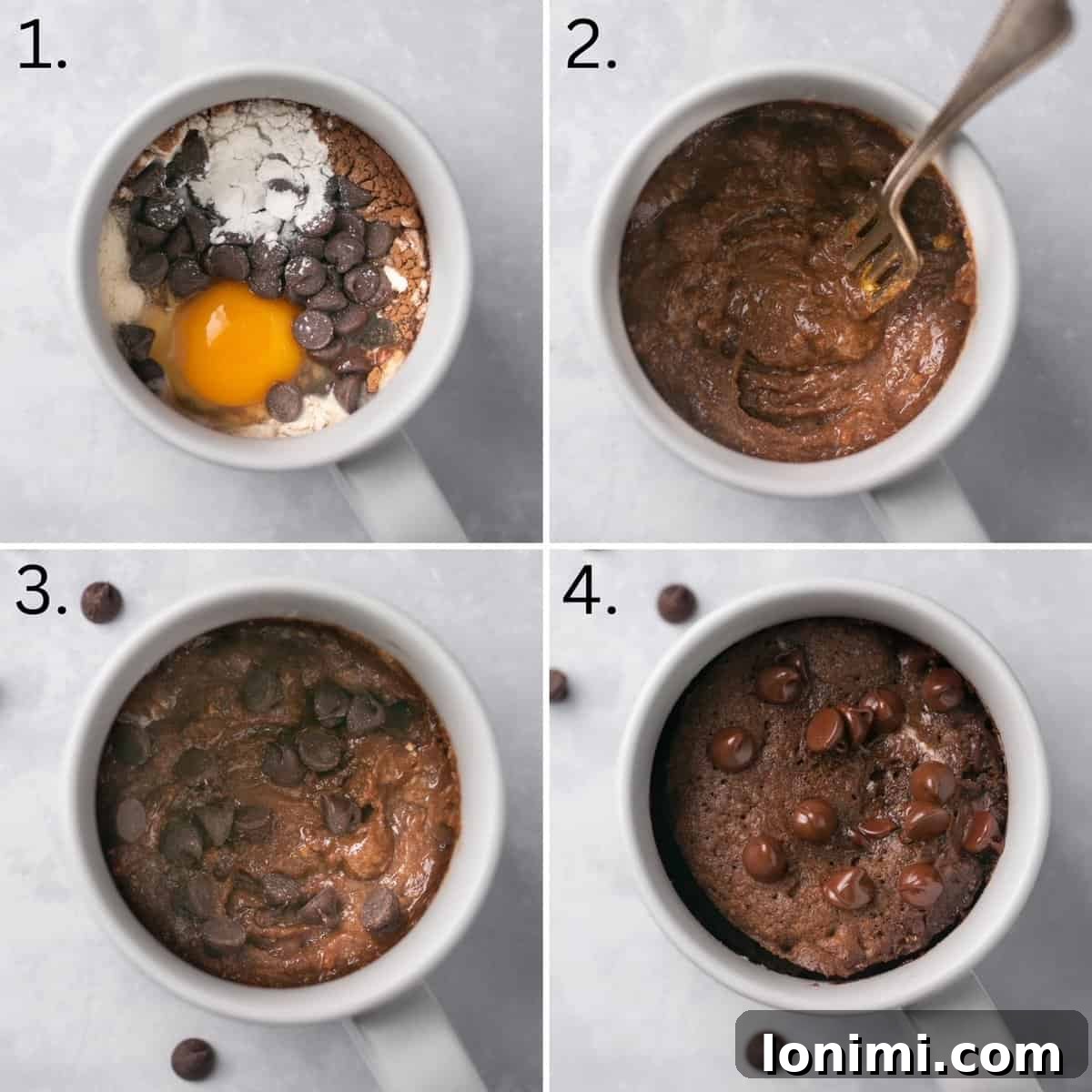 Step-by-step photos illustrating the process of making a healthy chocolate protein mug cake, from mixing ingredients to the finished product.