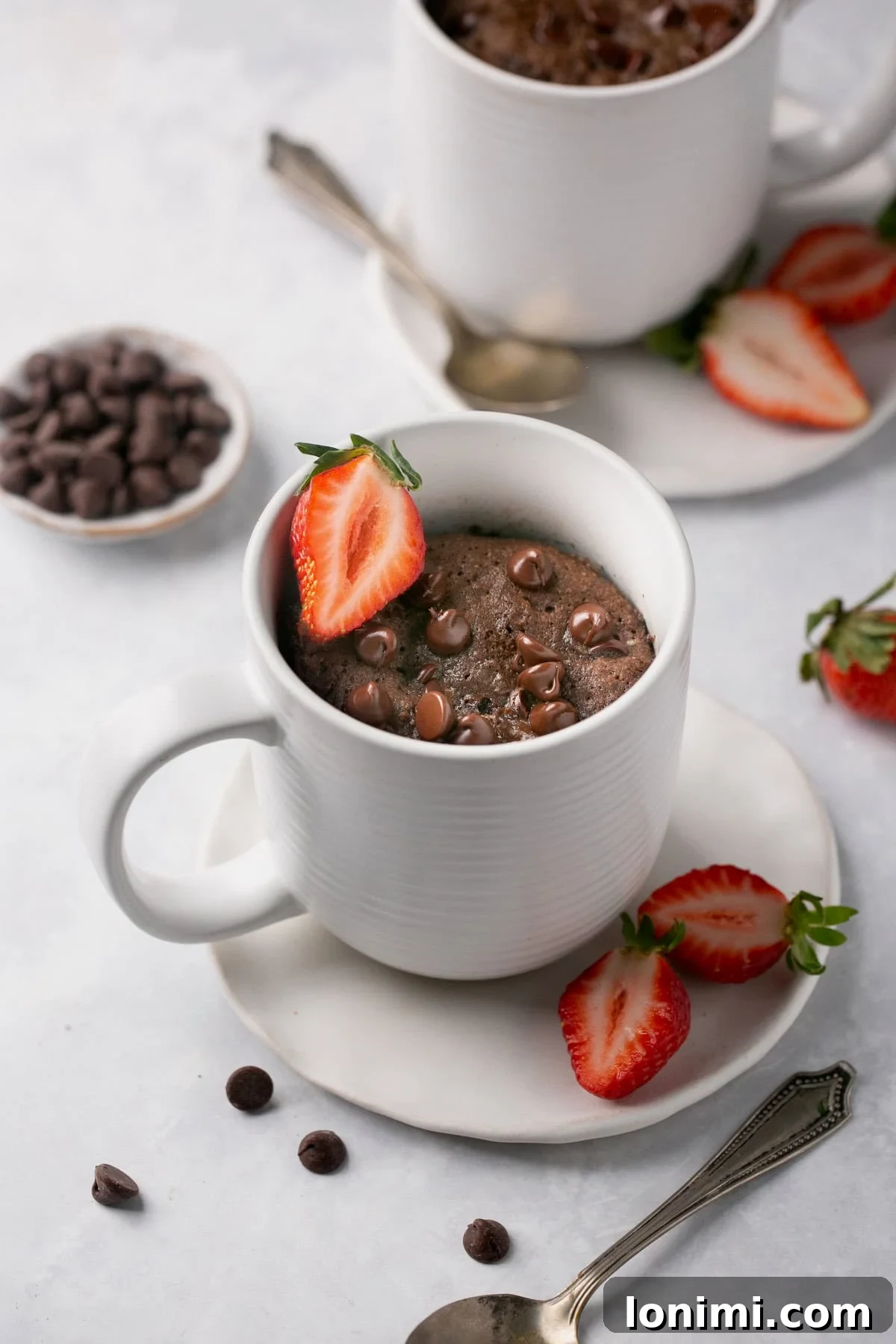 Two visually appealing chocolate protein mug cakes, beautifully topped with fresh sliced strawberries, ready to be enjoyed.