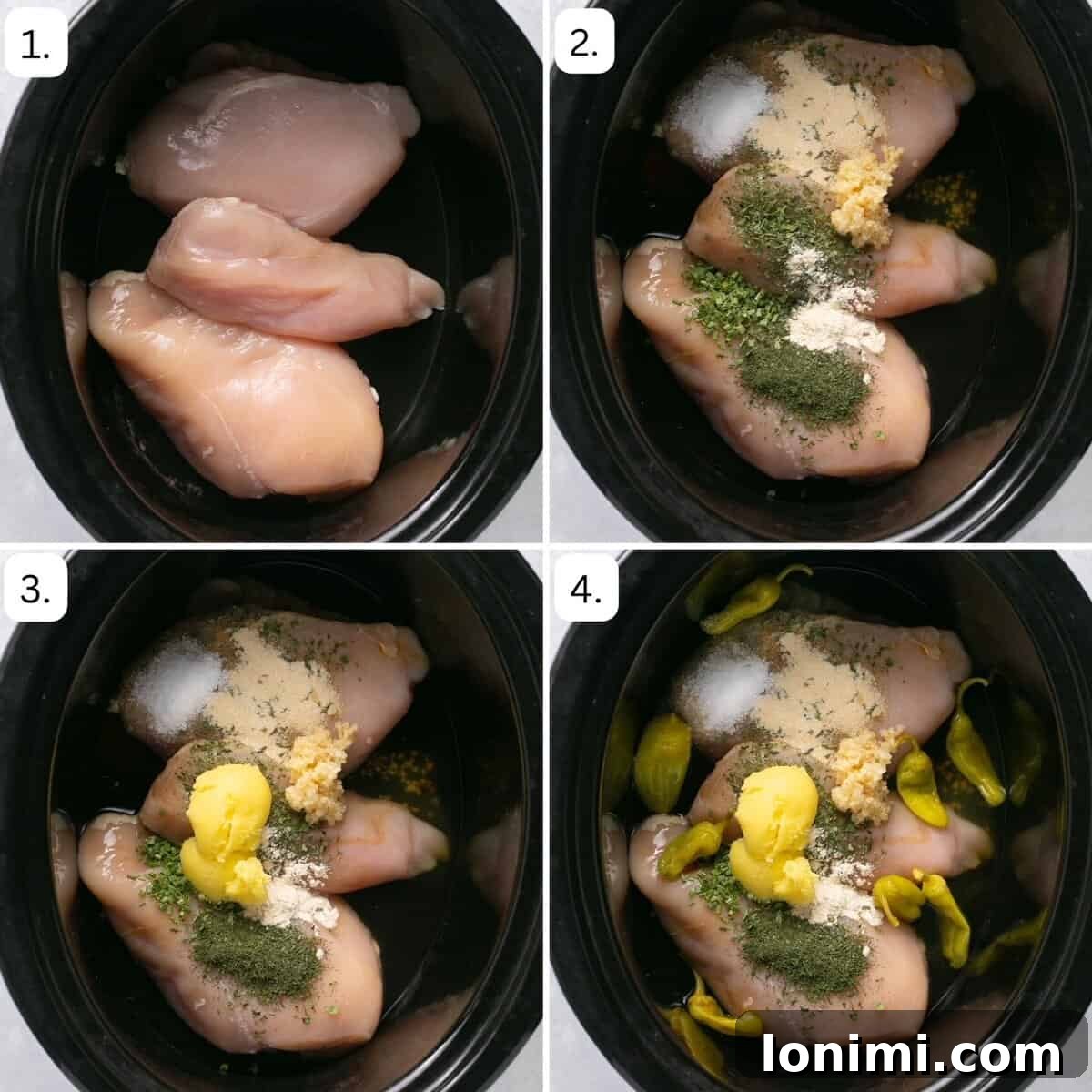 Numbered step-by-step photos illustrating the cooking process of Mississippi Chicken, from adding ingredients to the slow cooker to the final shredded chicken.