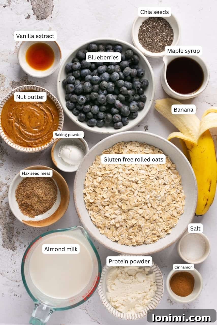 Protein-Packed Vegan Baked Oats 3 recipe ingredients labeled and in nesting bowls