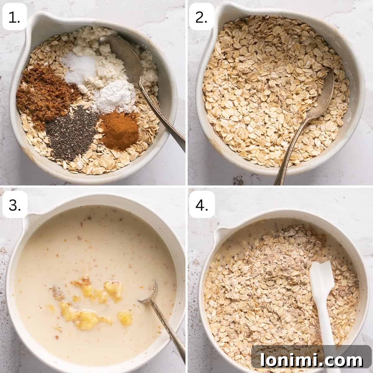 Protein-Packed Vegan Baked Oats 4 numbered step by step photos showing how to make vegan baked oats