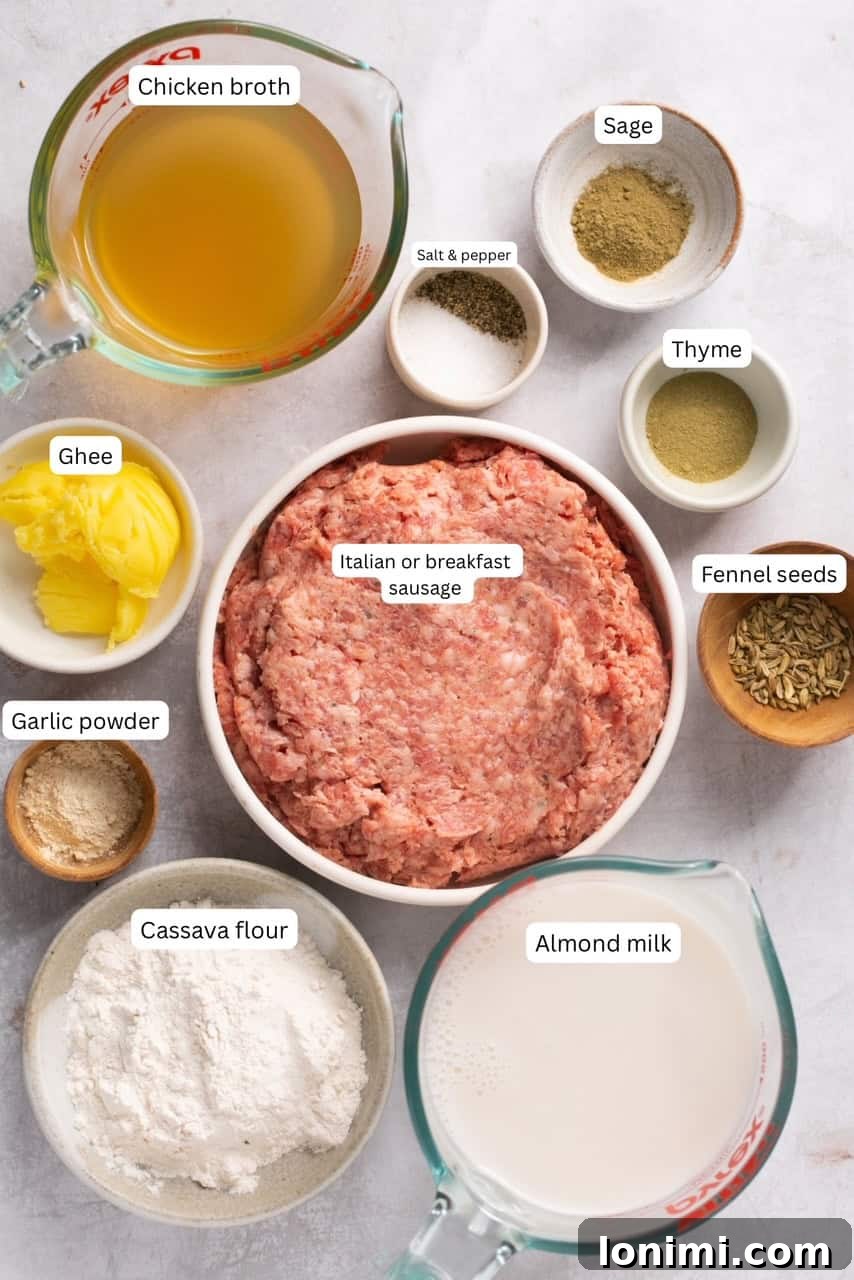 Effortless Keto Sausage Gravy 3 All the fresh ingredients for the keto sausage gravy recipe displayed in organized nesting bowls and clearly labeled.