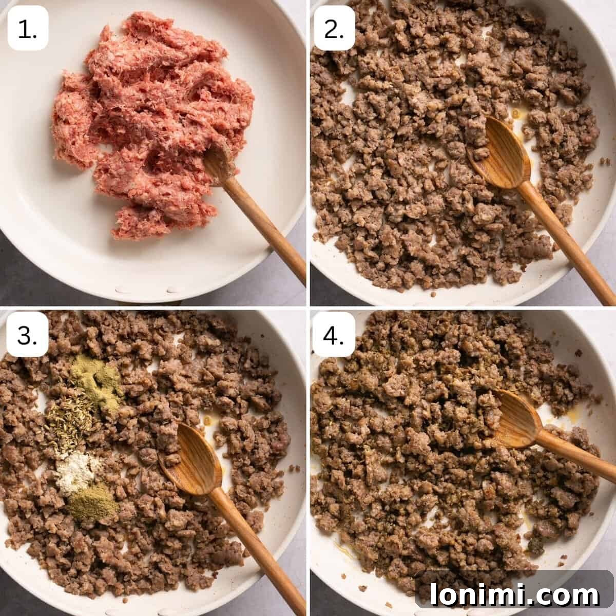 Effortless Keto Sausage Gravy 4 Step-by-step photos illustrating the process of browning breakfast sausage with spices in a skillet for the gravy.