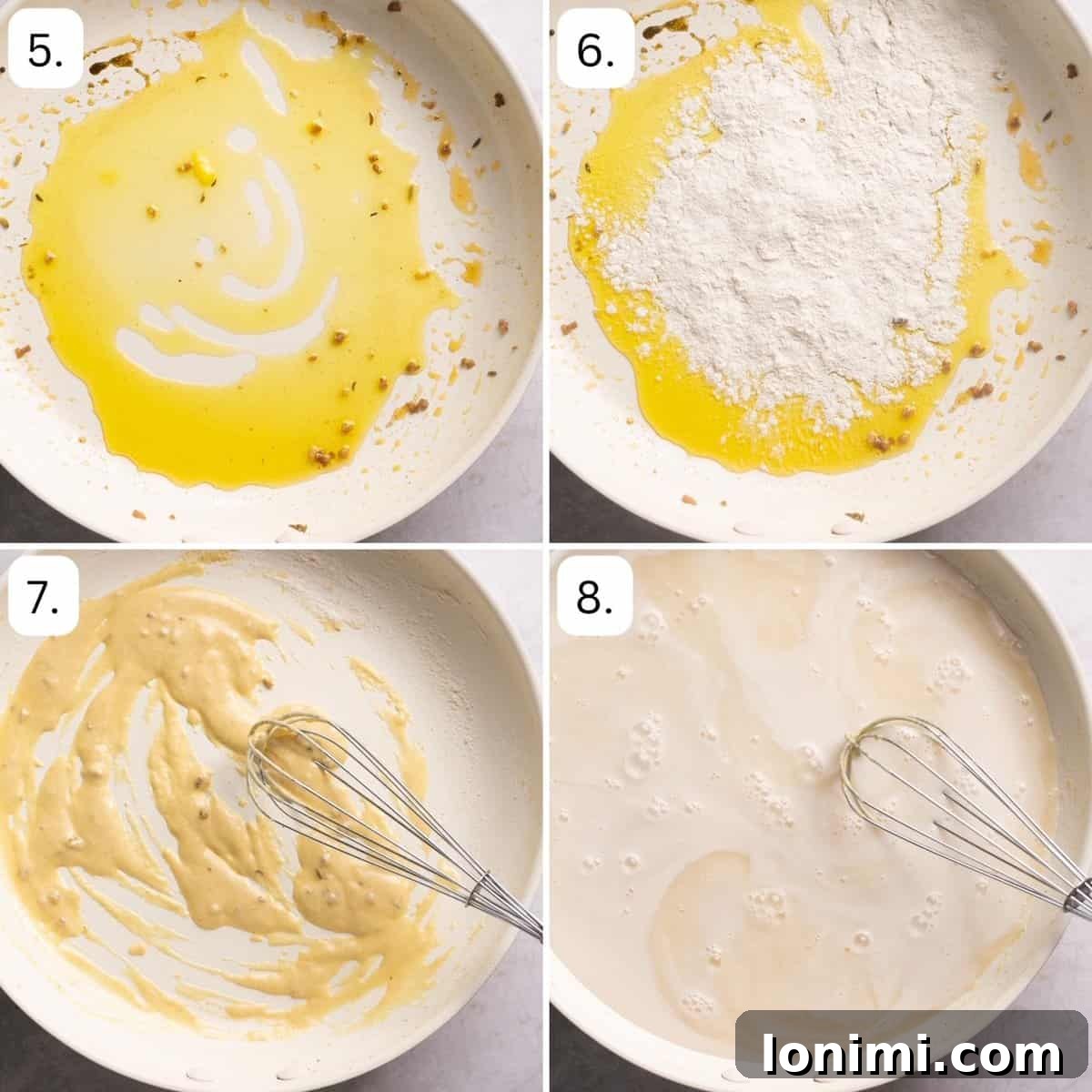 Effortless Keto Sausage Gravy 5 Sequential images showing the creation of the smooth gravy base, from adding ghee and cassava flour to whisking in liquids until thickened.