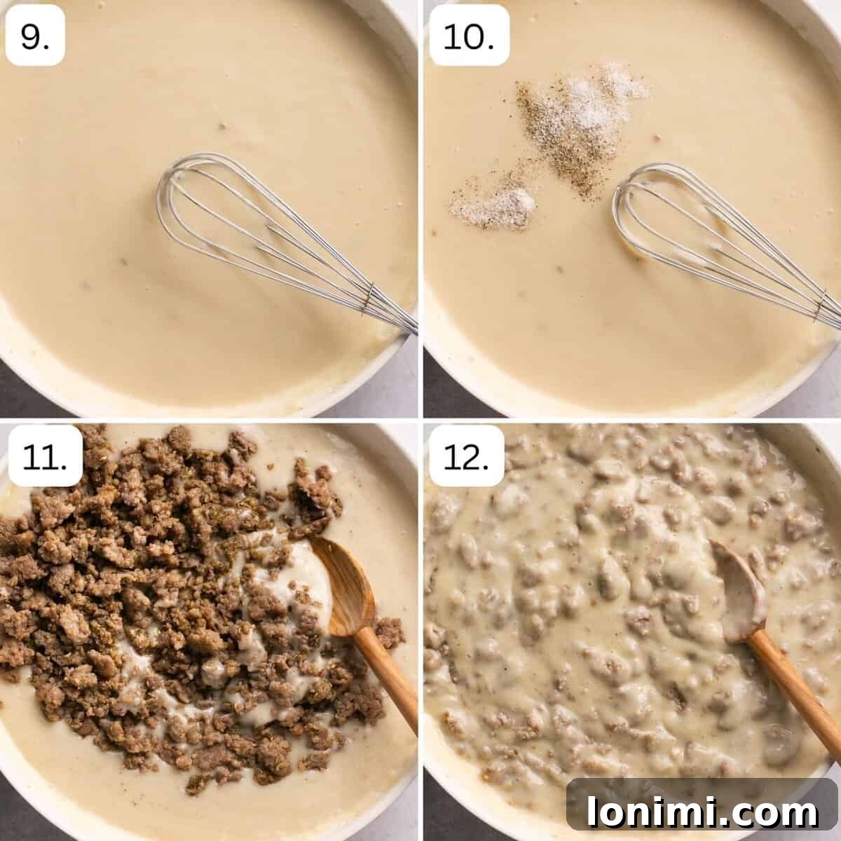 Effortless Keto Sausage Gravy 6 Final step photos demonstrating how to combine the cooked sausage with the thickened gravy and serving suggestions.