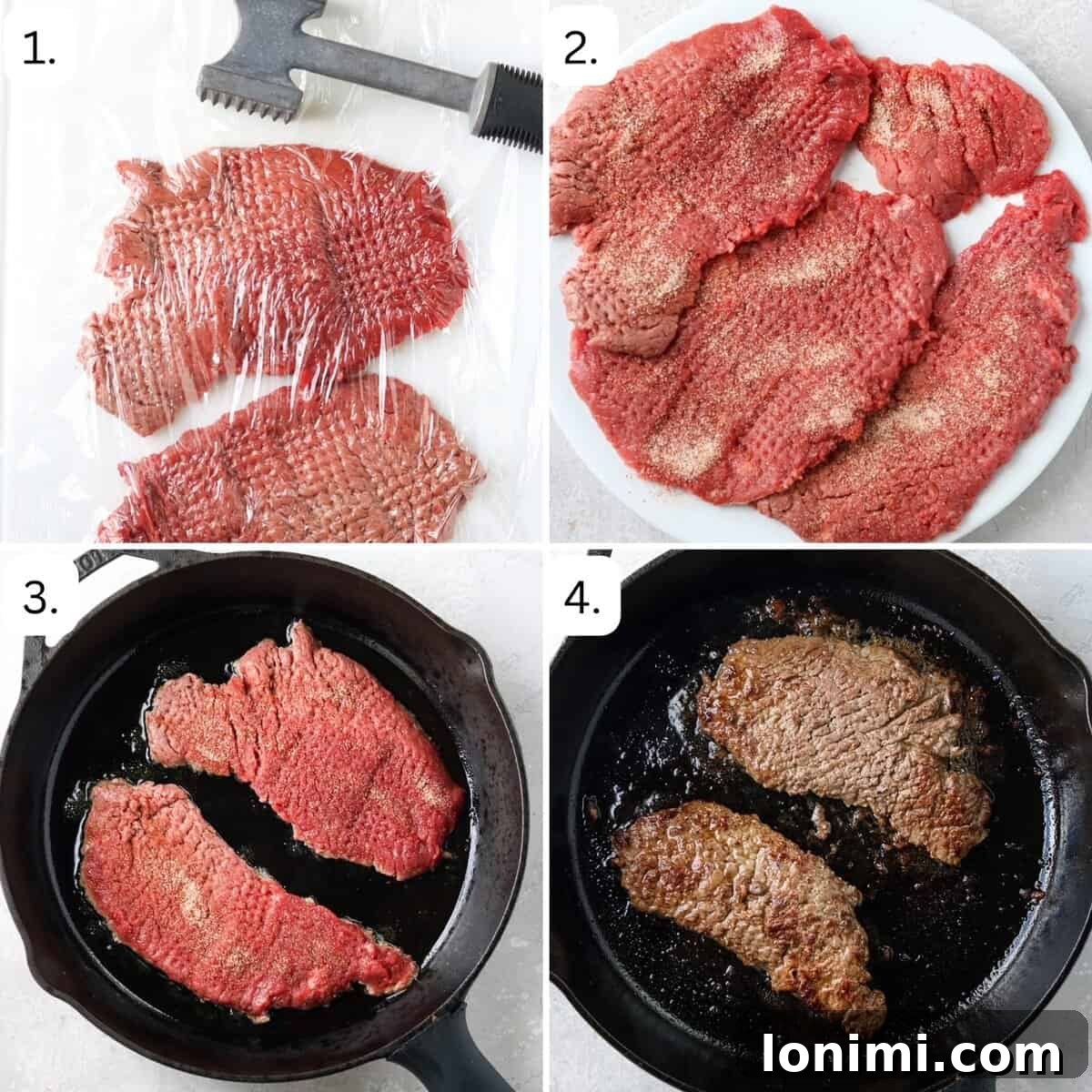 Effortless Tender Cube Steak 4 The first four steps for making cube steak, neatly arranged in a quadrant image, demonstrating the preparation process.