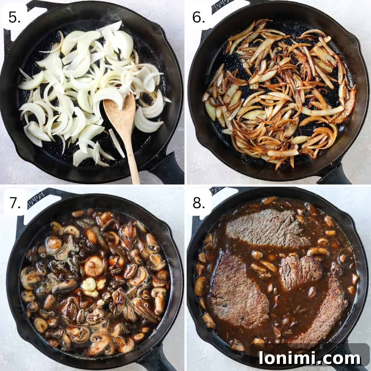 Effortless Tender Cube Steak 5 Steps 5-8 for making cube steak, presented in a quadrant, guiding through the gravy preparation process.