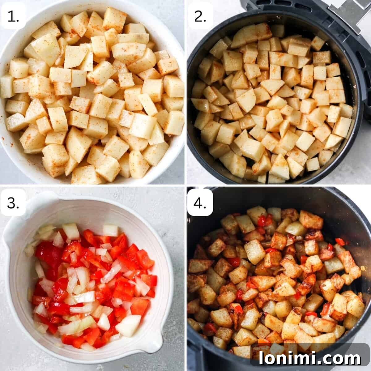 Numbered step-by-step photos illustrating the preparation of air fryer home fries.