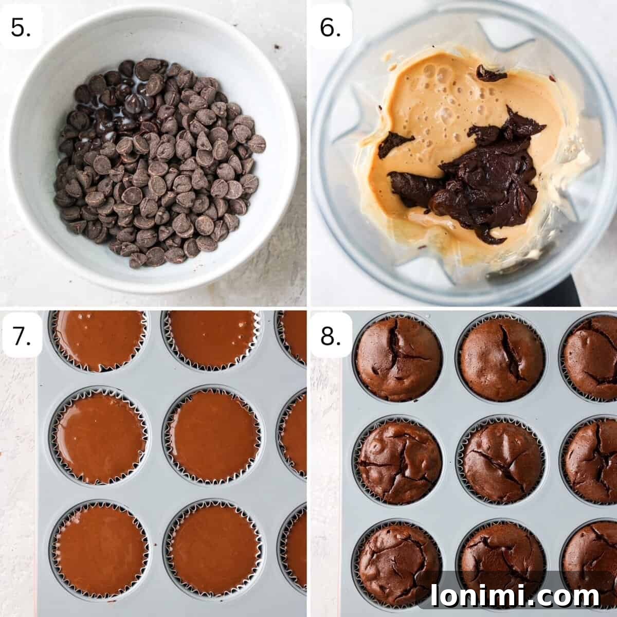 Effortless Chocolate Protein Cheesecake Bliss 5 additional step by step photos showing how to add the batter to a muffin tin