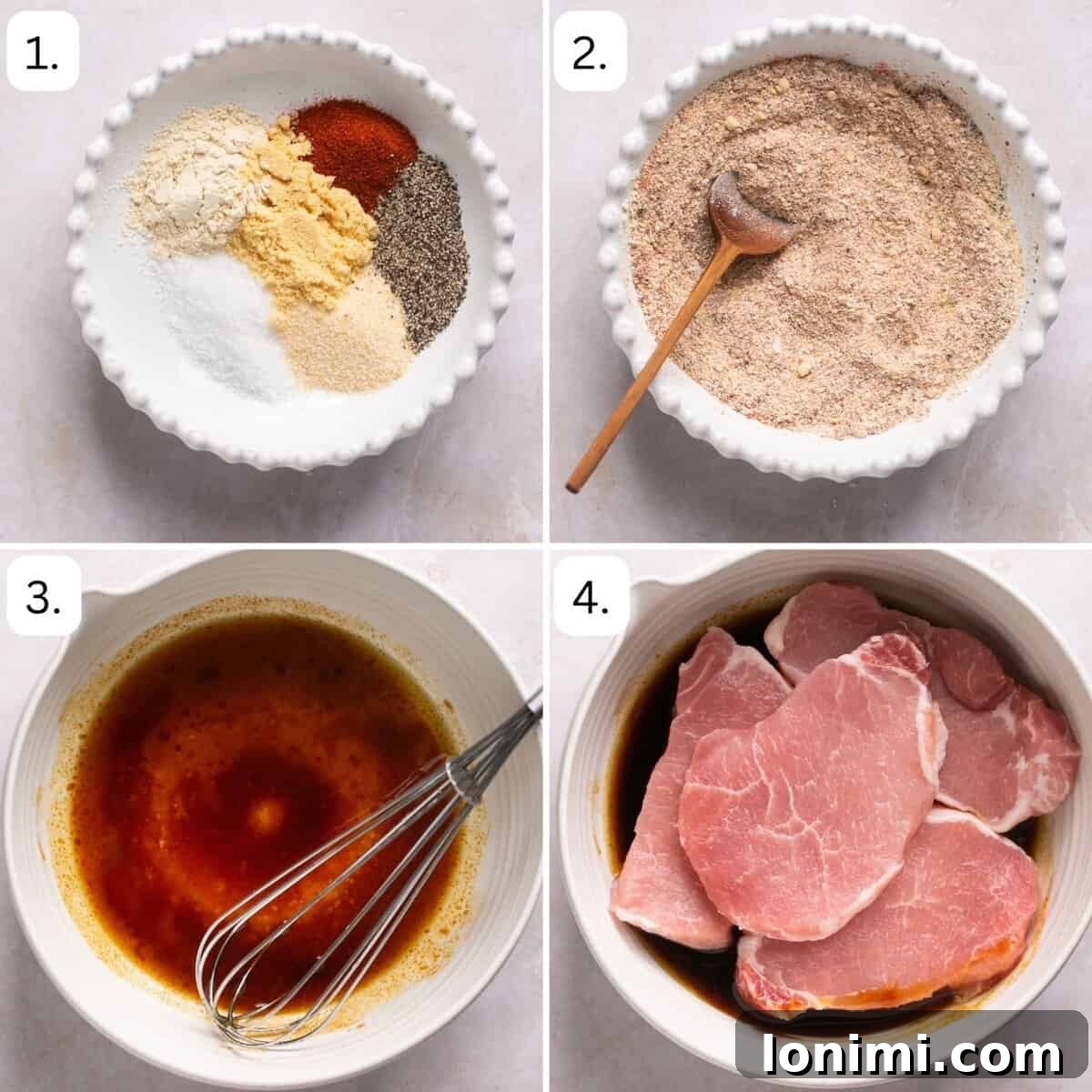 numbered step by step photos on how to make the pork chop marinade