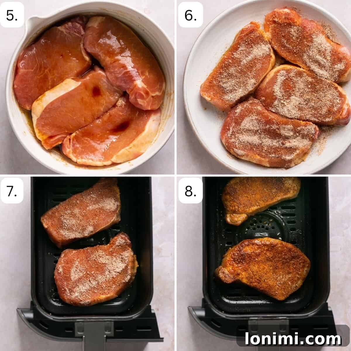 numbered step by step photos showing how to air fry pork chops without breading
