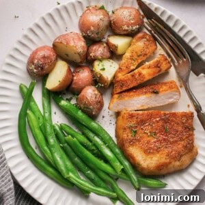 air fryer pork chops with roasted potatoes and green beans