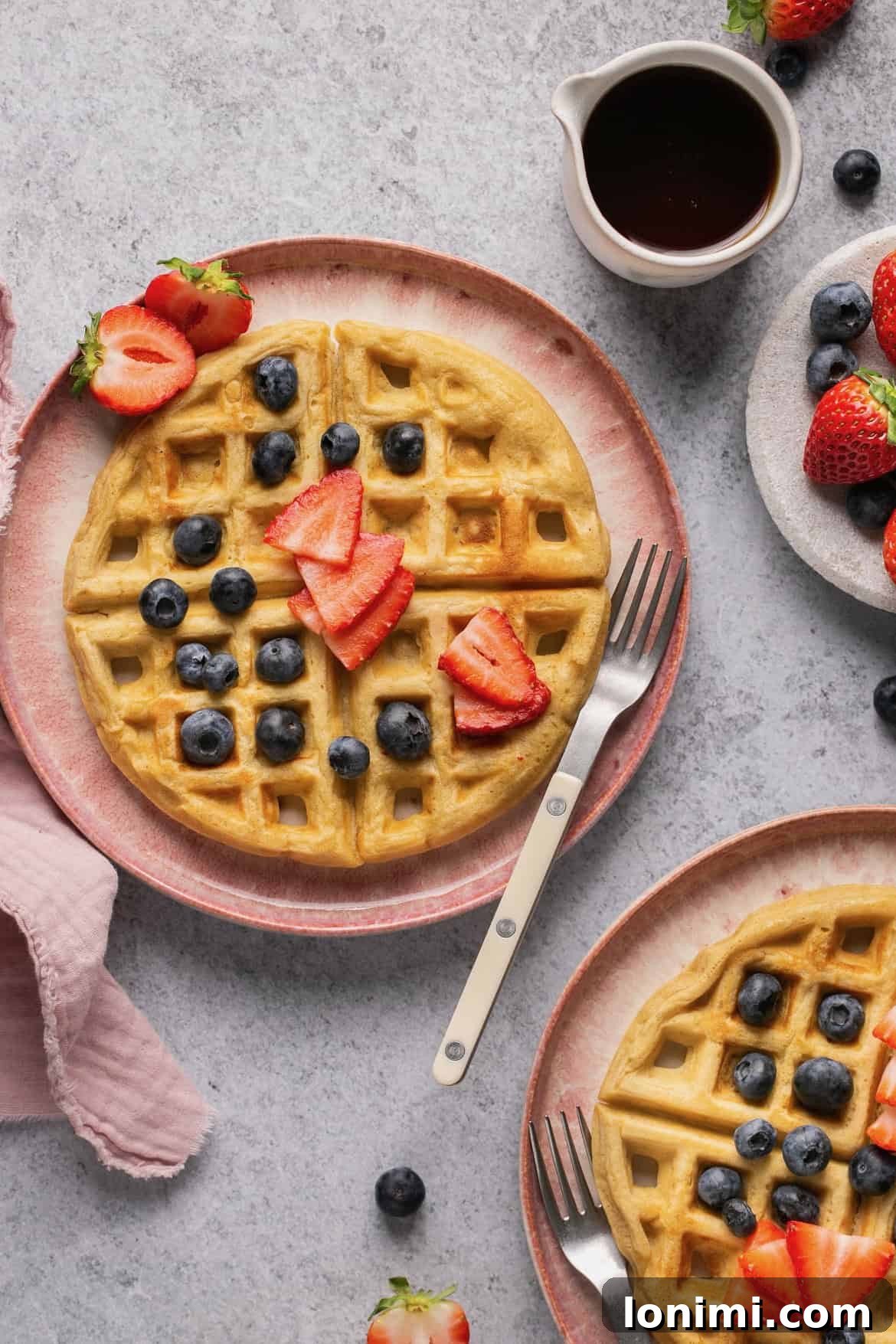 Wholesome and Delicious Gluten-Free Dairy-Free Waffles 2 a gluten free waffle on a pink plate topped with blueberries and sliced strawberries