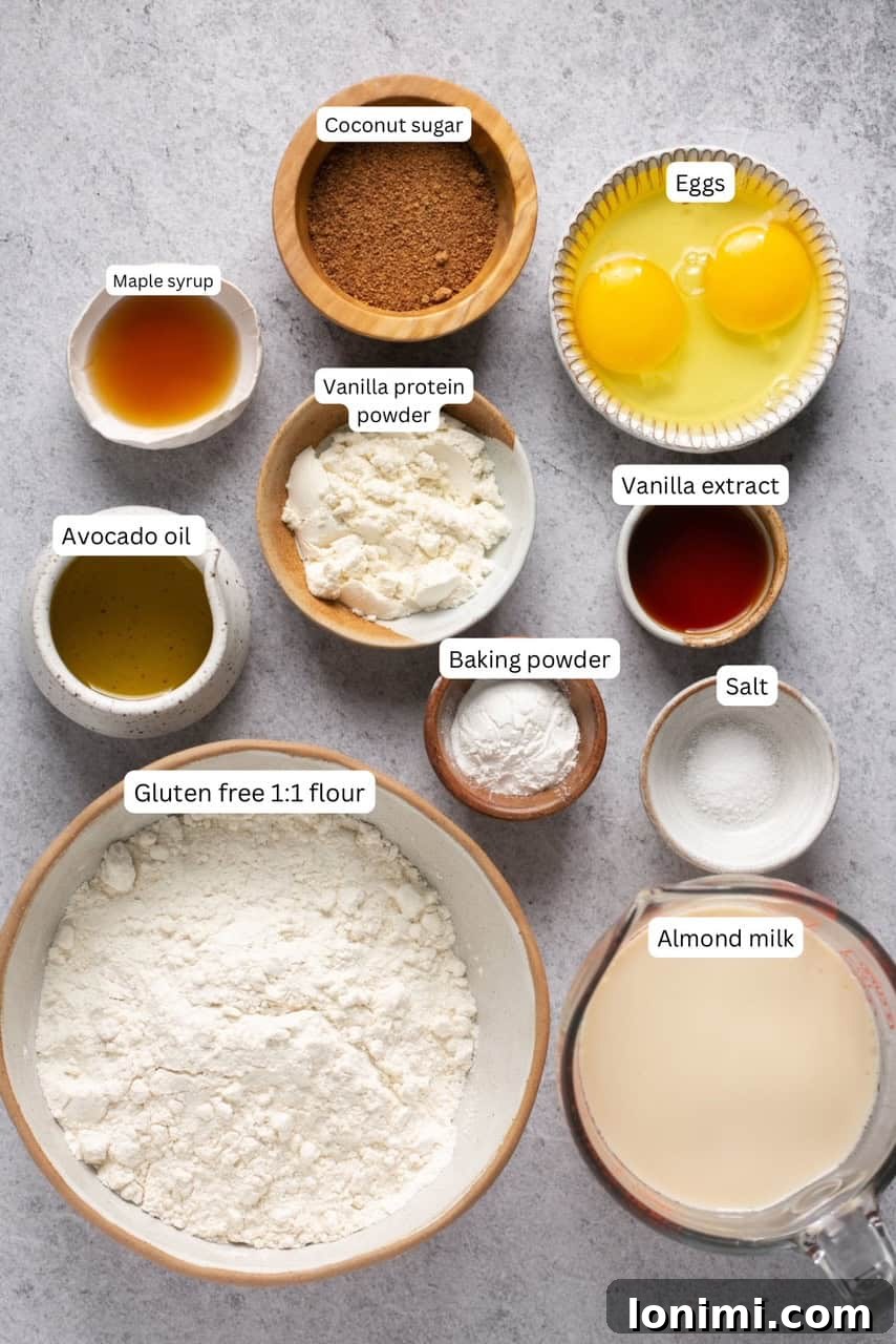 Wholesome and Delicious Gluten-Free Dairy-Free Waffles 3 recipe ingredients in small bowls and labeled