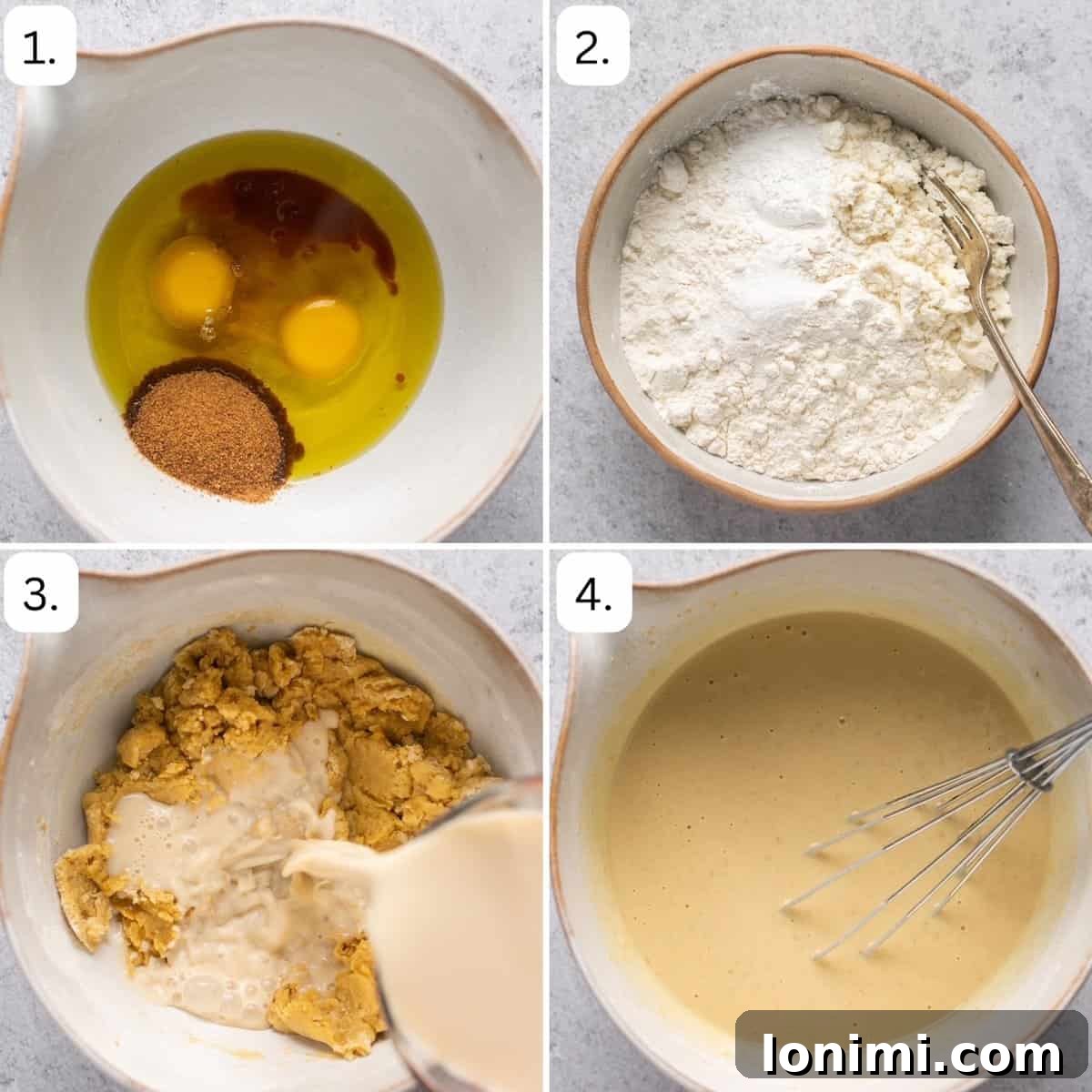Wholesome and Delicious Gluten-Free Dairy-Free Waffles 4 numbered step by step photos showing how to make the waffle batter