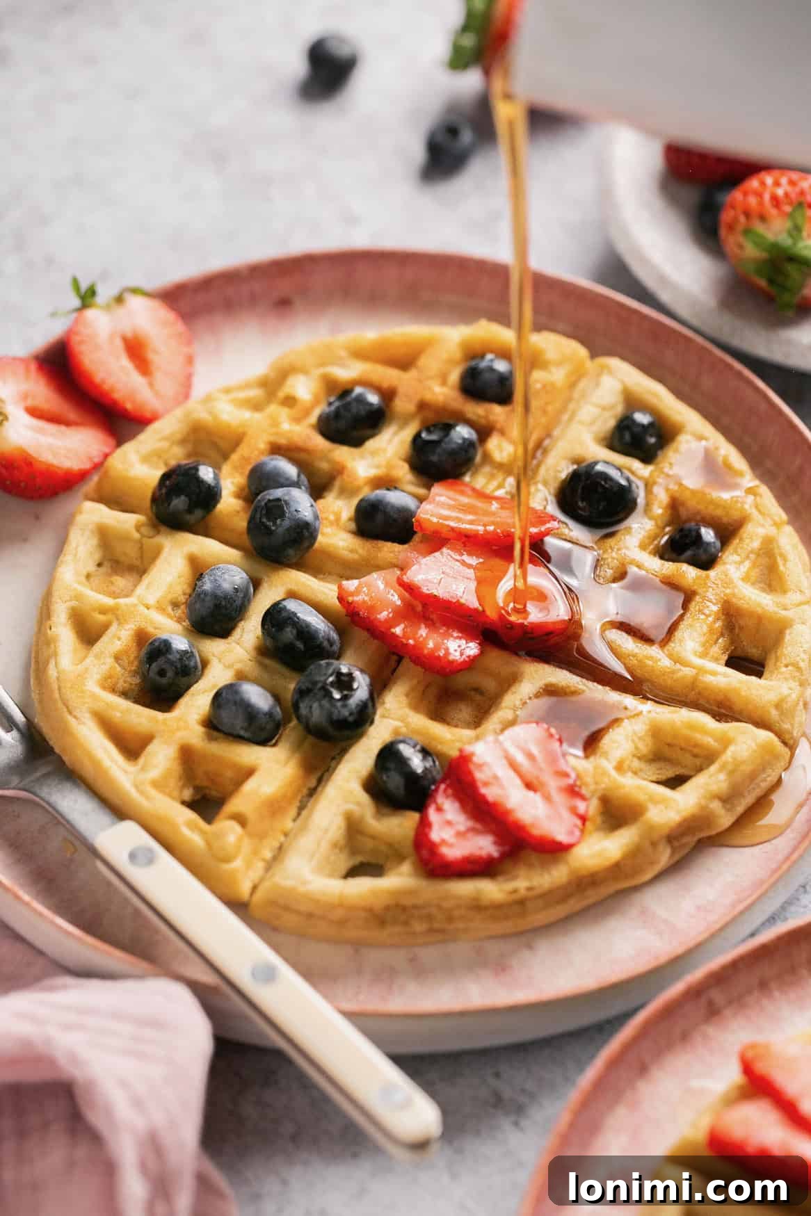 Wholesome and Delicious Gluten-Free Dairy-Free Waffles 6 pouring syrup on to a gluten free waffle topped with berries