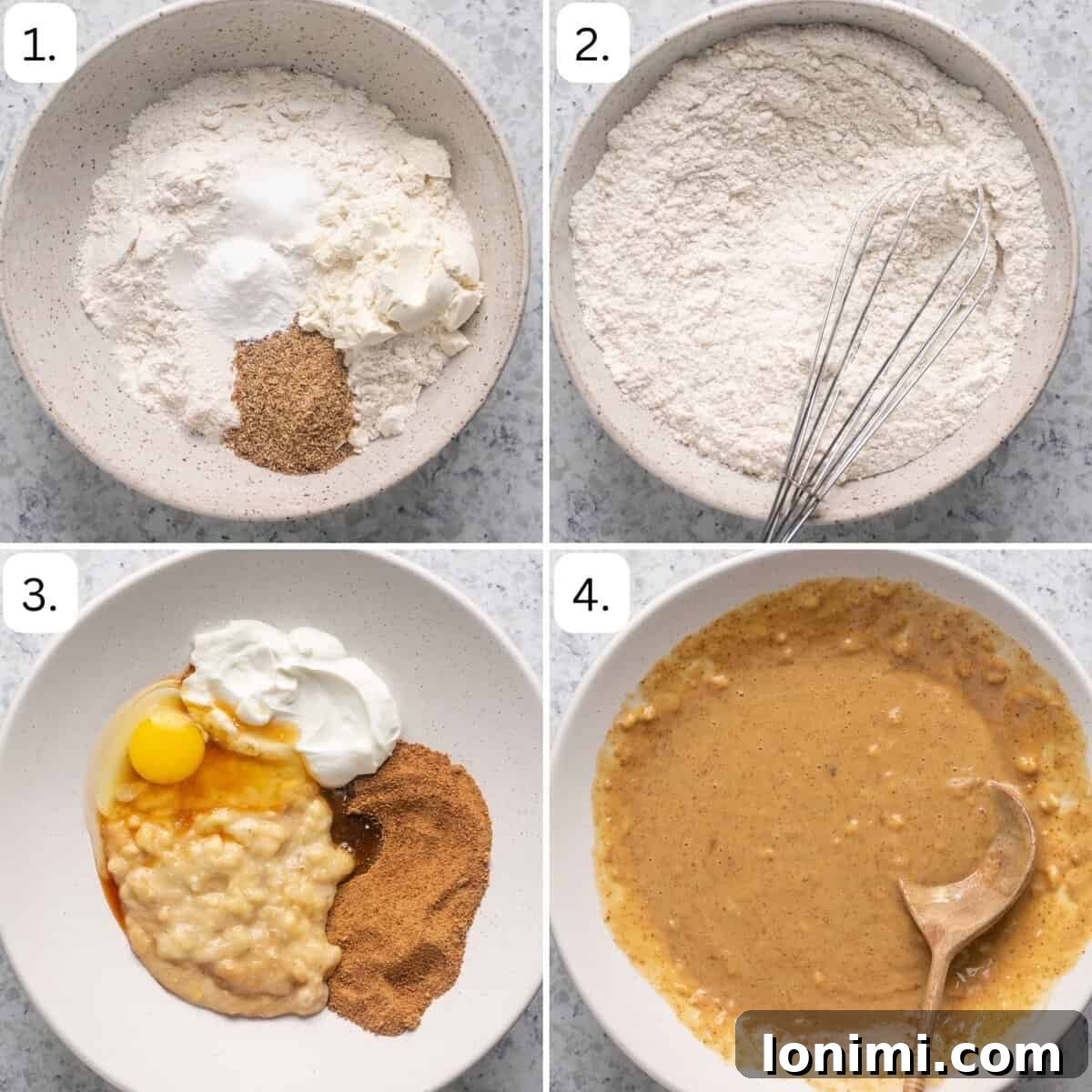 numbered step by step instruction photos showing how to mix the muffin batter