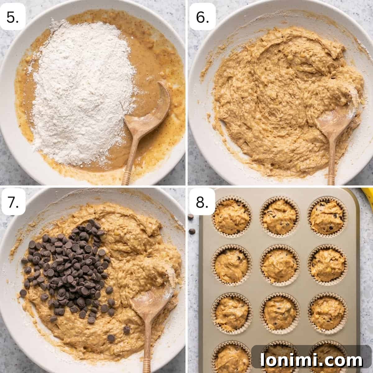 numbered step by step instruction photos showing how to pour the batter into the muffin tins. 