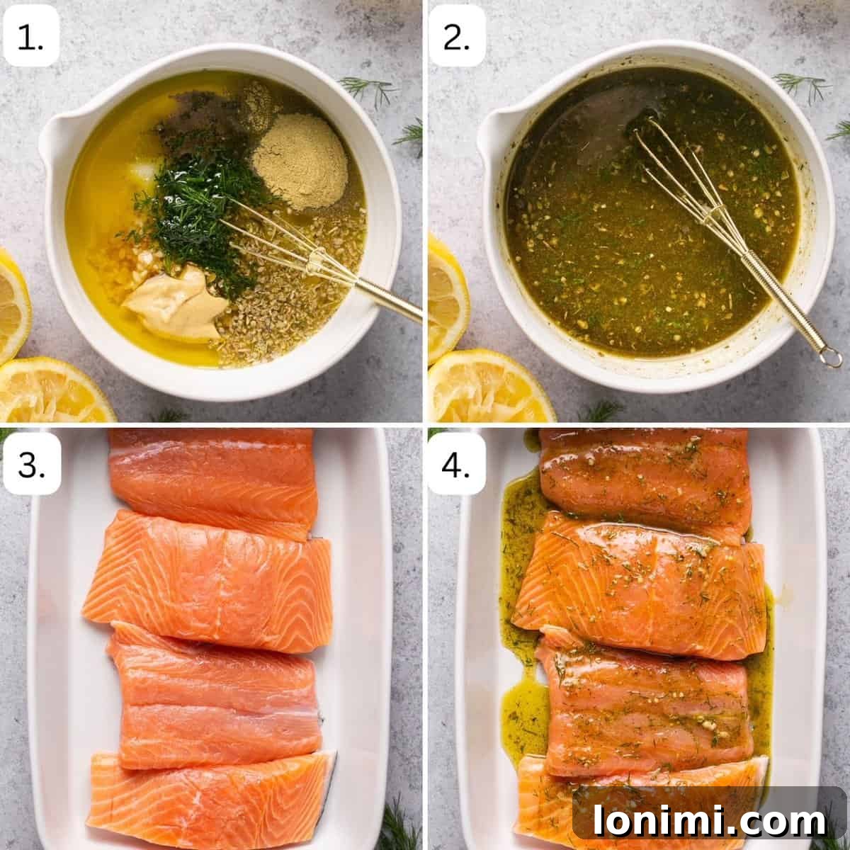 Numbered step-by-step photos showing how to prepare the Greek marinade and marinate the salmon fillets.