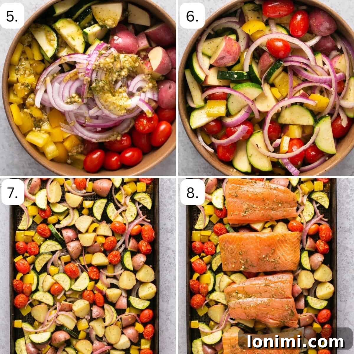 Numbered step-by-step recipe photos demonstrating how to arrange the vegetables and salmon on the baking sheet.