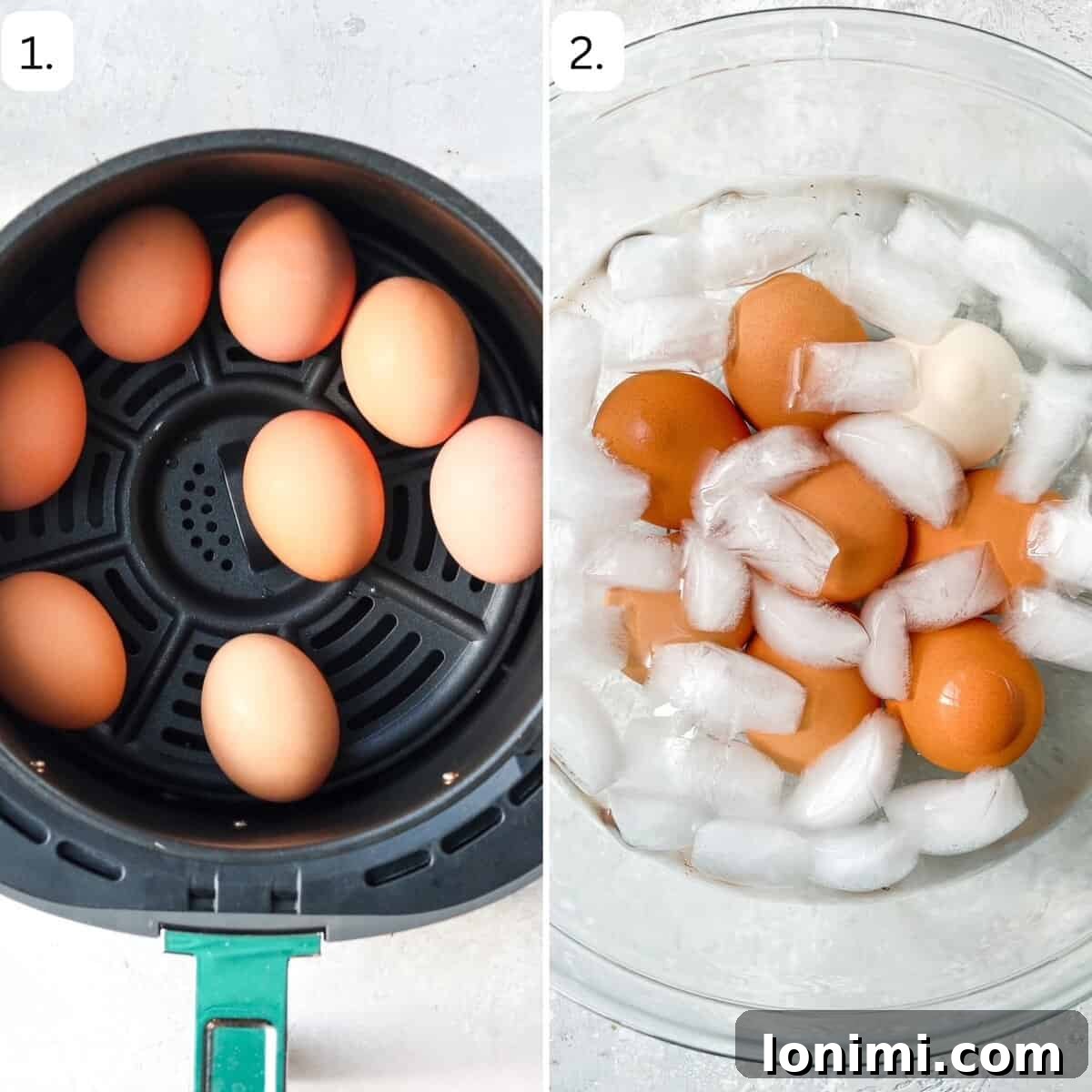 Numbered step-by-step photos illustrating how to make air fryer eggs and then transfer them into an ice bath.