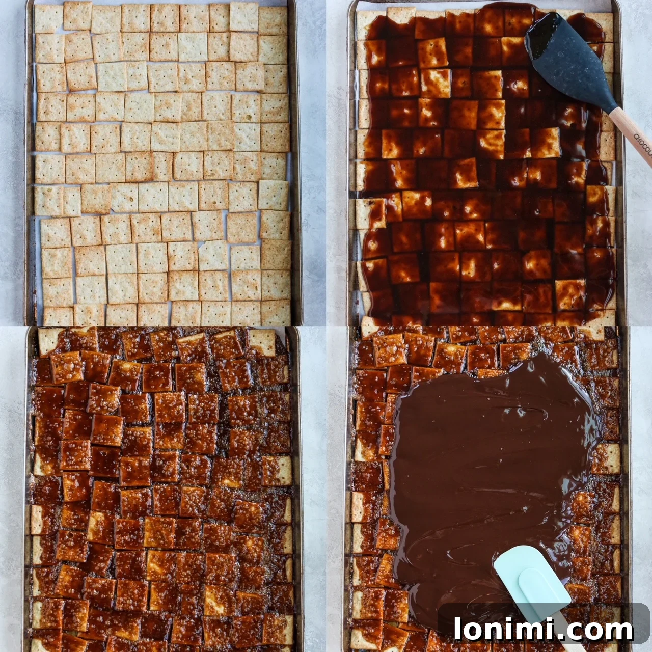 Collage showing the step-by-step process of making Paleo Christmas Crack, from lining the pan with crackers to pouring caramel and chocolate.