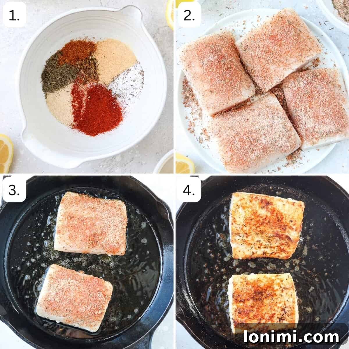 A visual guide showing four numbered step-by-step photos illustrating the process of preparing and air frying blackened Mahi Mahi. The first image shows spices being mixed, the second depicts fish fillets being coated with seasoning, the third features fillets in an air fryer basket, and the final image displays perfectly cooked fish ready to serve.