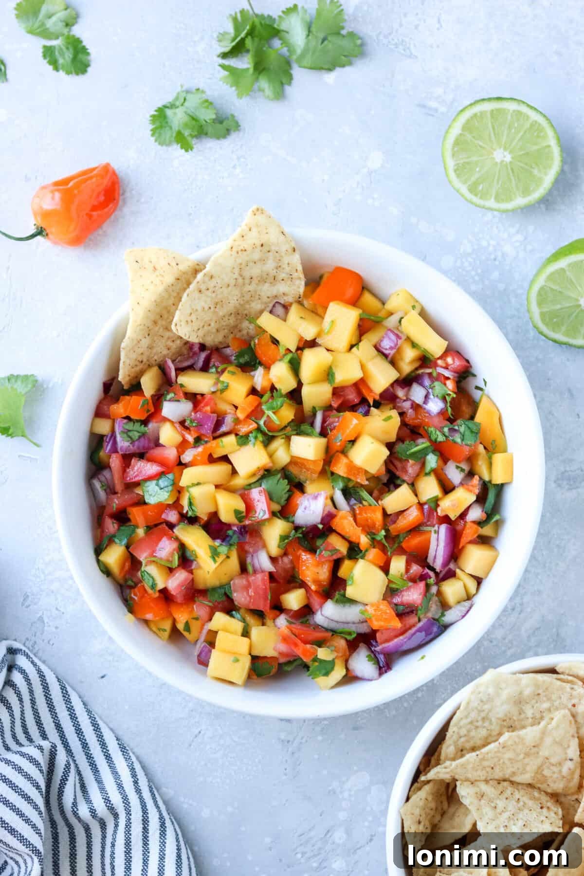 Irresistible Mango Habanero Salsa 2 A vibrant bowl of homemade mango habanero salsa, featuring diced mangoes, tomatoes, red onion, fresh cilantro, and fiery habaneros, perfectly paired with a bowl of golden tortilla chips, ready for dipping.
