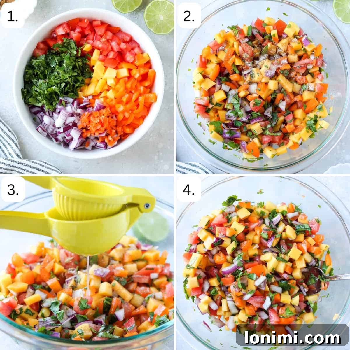 Irresistible Mango Habanero Salsa 4 A series of three numbered step-by-step photos illustrating the salsa-making process: 1. Various chopped ingredients laid out. 2. All ingredients combined in a mixing bowl. 3. The finished salsa beautifully presented in a serving bowl.